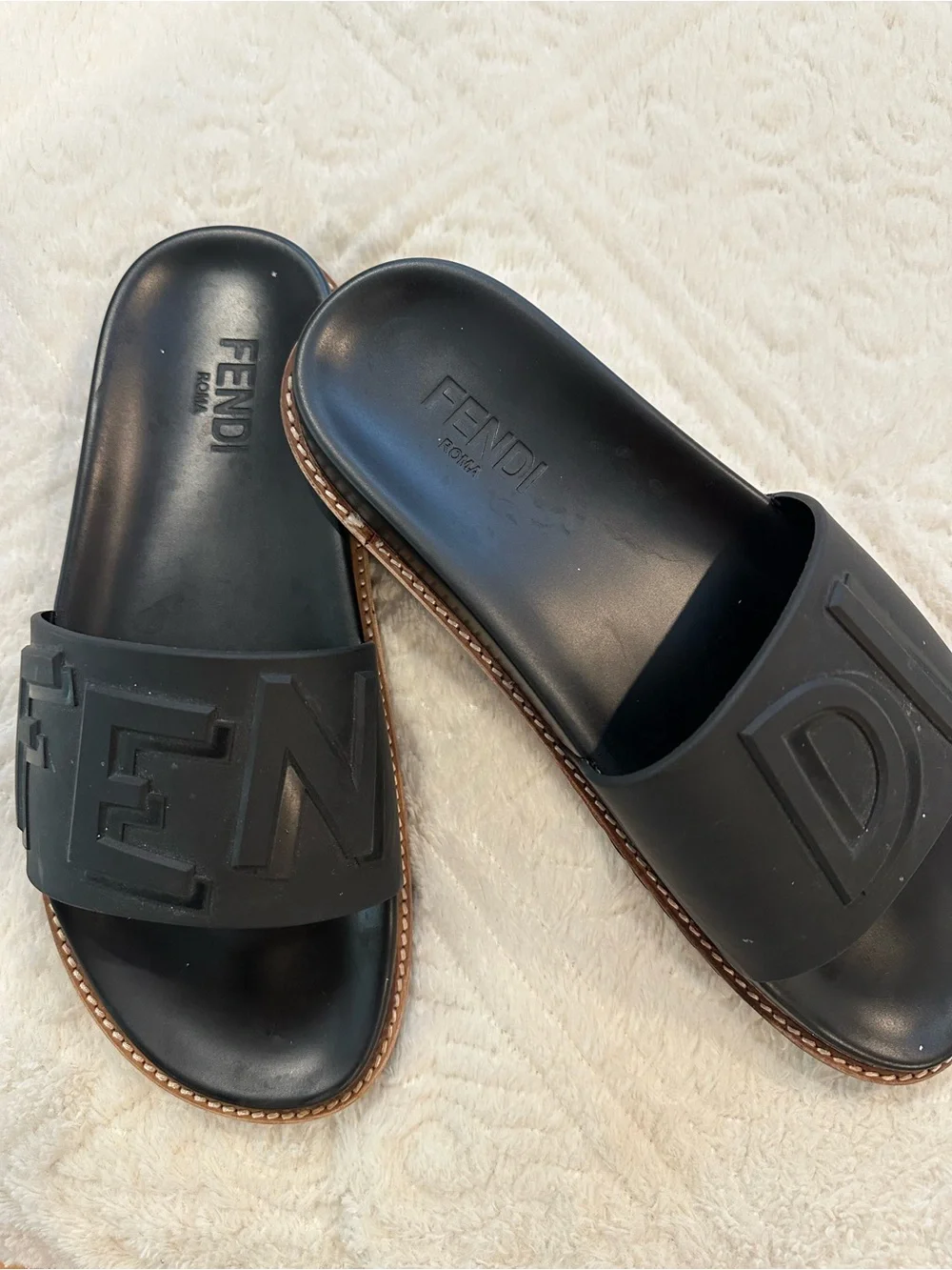 Fendi Black Rubber Logo Slide Sandals with Brown Trim